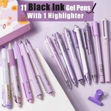 12Pack Pastel Gel Ink Pen Set, 11 Pack Black Ink Pens With 1Pack Highlighter For Writing, Retractable 0.5mm Fine Point Cute Note Taking Pens For School Office