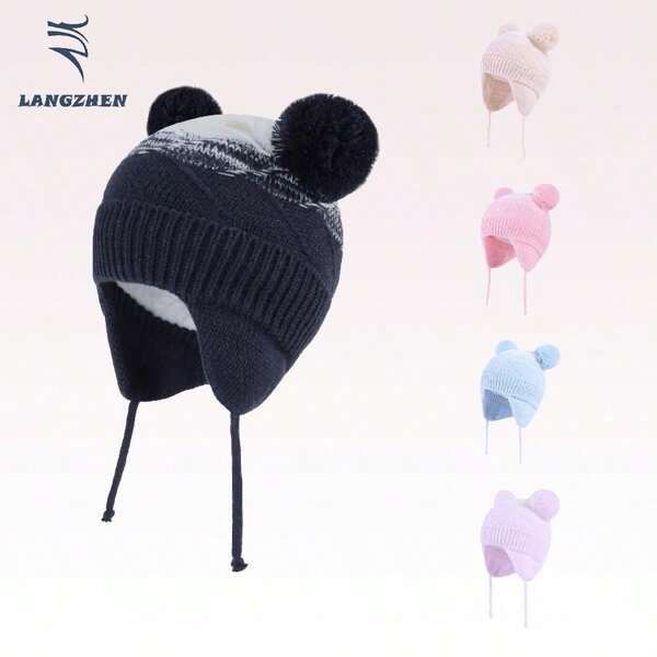 Gorro de invierno de bebé de moda con pompones, diseño con orejeras de punto cálido para niñas, bebés y niños pequeños