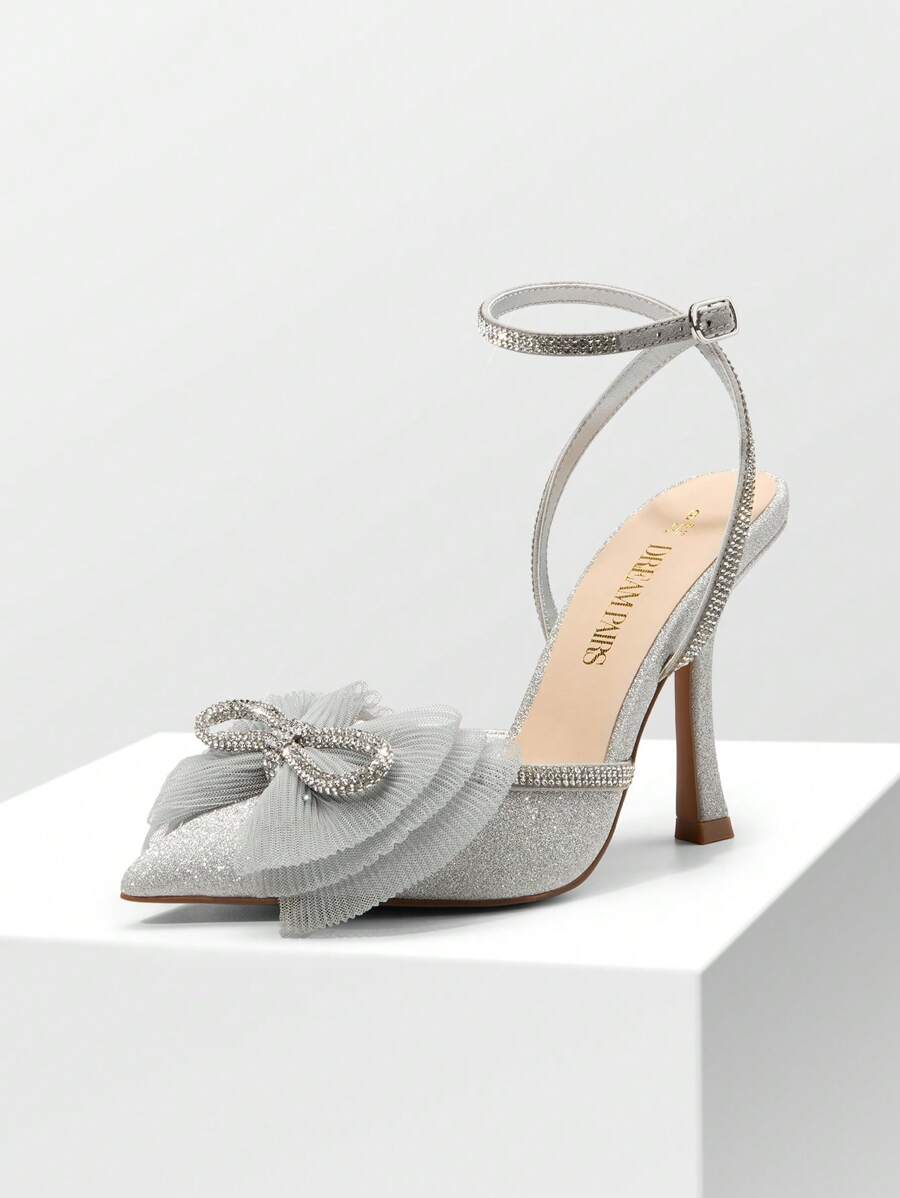 Women's Rhinestone Bow Ankle Strap Pointed Toe Pumps Elegant Wedding Party Prom Dress Stiletto Heels Shoes - Bạc - Xem 1
