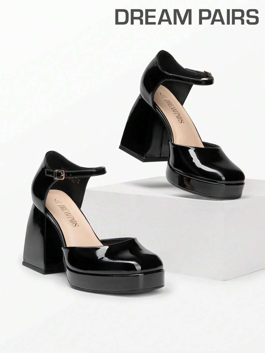 Women's Mary Jane Platform Chunky Heel Pumps Closed Toe Block Ankle Strap Wedding Prom Festival Party Shoes - 黑色 - 查看 1