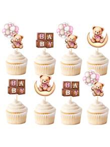 12 件婴儿沐浴熊纸杯蛋糕装饰物精选婴儿熊主题婴儿沐浴装饰用品丛林动物主题婴儿沐浴生日派对蛋糕装饰用品粉色婴儿沐浴家庭装饰礼物