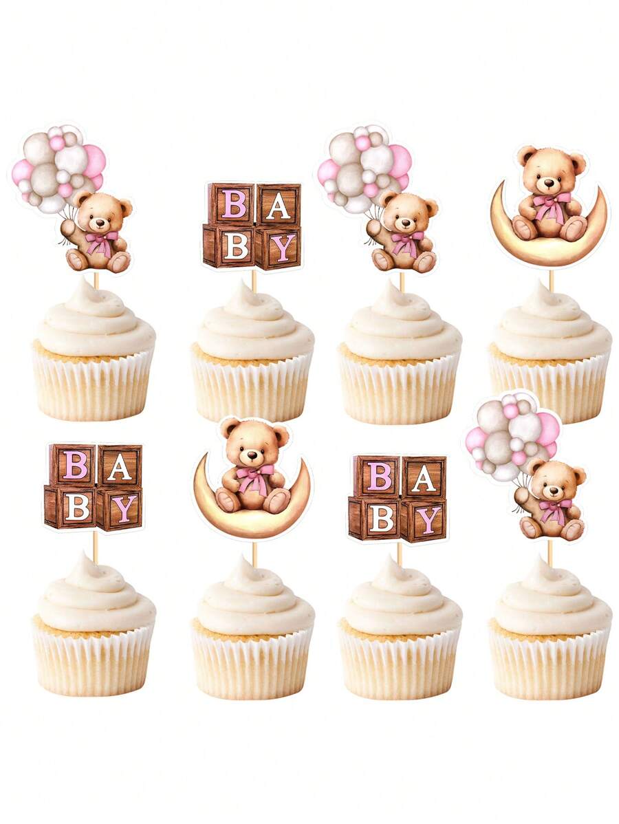 12 件婴儿沐浴熊纸杯蛋糕装饰物精选婴儿熊主题婴儿沐浴装饰用品丛林动物主题婴儿沐浴生日派对蛋糕装饰用品粉色婴儿沐浴家庭装饰礼物