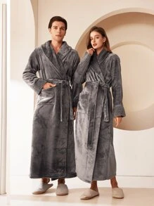 1pc Extra Long Flannel Bathrobe, Adult Flannel Bathrobe, Thermal Lined, Suitable For Hotels, Spas, Beauty Salons, Absorbent & Quick Dry, Loose Fit, Multiple Colors, Minimalist Design, Bathroom & Home Essentials - Multicolor - View 14