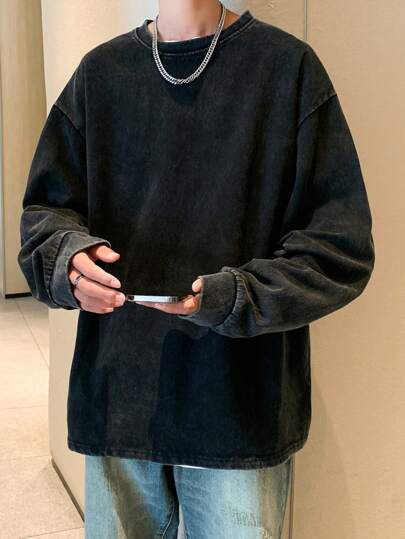 Men's Vintage Washed Loose Fit Crewneck Long Sleeve Hoodie, Spring Autumn