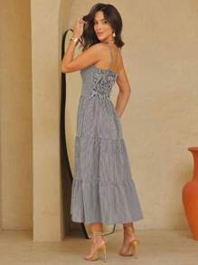 Long Dress With Straps And Padded Cups In Checkered Print In Viscolinho Fabric H-2 - Negro - Ver 3