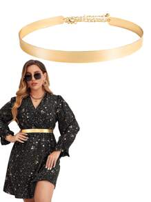 Women Full Metal Sleek Mirror Plate Waistband Belt Chain Dress Decorated Skinny Golden Silver Belt Halloween Fall, Autumn, Halloween