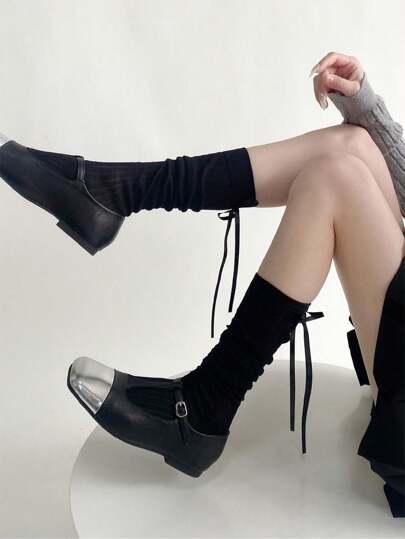 1双纯色蝴蝶结装饰日式长袜，可爱甜美条纹缎带紧身袜，适合秋冬季节，舒适保暖