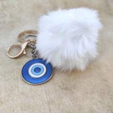 Olho Grego em Metal Branco com Pompom 2 Chaveiros Brancos para Família de uso Casual e Diário