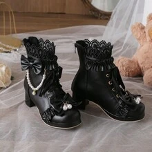 Cute Lolita Style Ankle Boots For Women Chunky Mid Heel Ankle Boots With Bow Back Zip Platform Lace Up Booties With Pearl Short Boots For Wedding Bridal Bridesmaid Dress Party