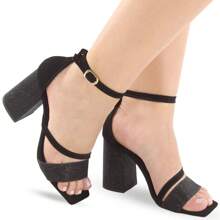 MODARPE Women's Sandals With Thick Block Heel And Shiny B63 - 黑色 - 查看 2