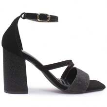 MODARPE Women's Sandals With Thick Block Heel And Shiny B63 - 黑色 - 查看 3