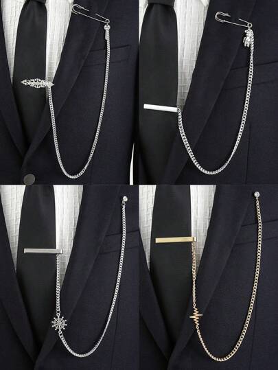 1 件男士银色领带夹带链，时尚翻领胸针，正式西装的时尚配饰