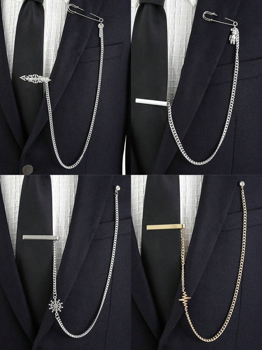 1 件男士银色领带夹带链，时尚翻领胸针，正式西装的时尚配饰 - 領帶夾 - 查看 1