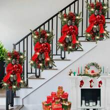 1pc Christmas Red Rattan Bow Pinecone Artificial Flower Wreath With Red Berries And Bow Design, Home Decor For Staircase, Door, Window Decoration - Christmas Staircase Wreath - View 3