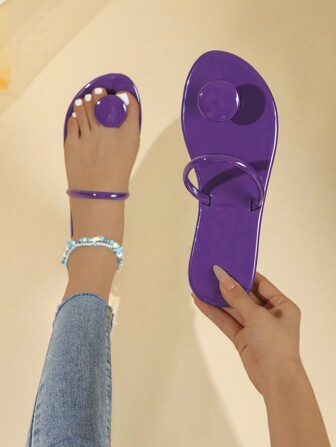 欧美风格女士镜面蘑菇装饰圆头半月形带凉鞋，女士休闲沙滩度假拖鞋