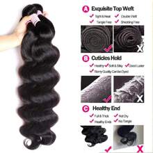 BINF 12A Brazilian Body Wave Bundles Human Hair Extensions 100% Unprocessed Virgin Hair Body Wave 3 Weave Bundles Human Hair 1B Natural Black Body Wave Thick Weave Real Human Hair Extensions For Women Wet And Wavy Human Hair Extensions - Natural Black - 查看 4
