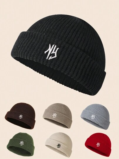 1 件男士纯色百搭 3D 刺绣纽约便帽，针织无檐帽，适合秋冬日常穿着秋季服装