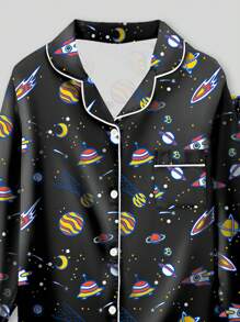 2pcs Tween Boy Space Pattern Long Sleeve Pajama Set - Multicolor - View 3