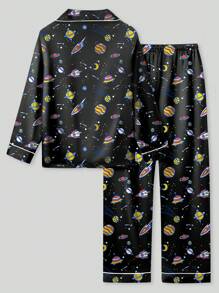 2pcs Tween Boy Space Pattern Long Sleeve Pajama Set - Multicolor - View 2