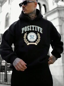 Men's Letter Printed Casual Thermal Lined Hoodie, Autumn/Winter - Black - View 1