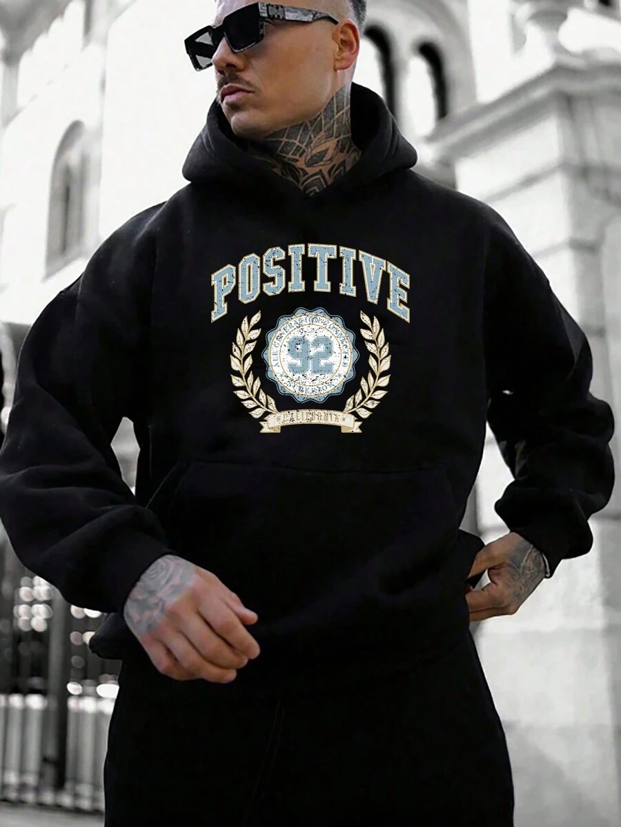 Men's Letter Printed Casual Thermal Lined Hoodie, Autumn/Winter - Black - View 1