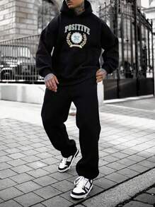 Men's Letter Printed Casual Thermal Lined Hoodie, Autumn/Winter - Black - View 2