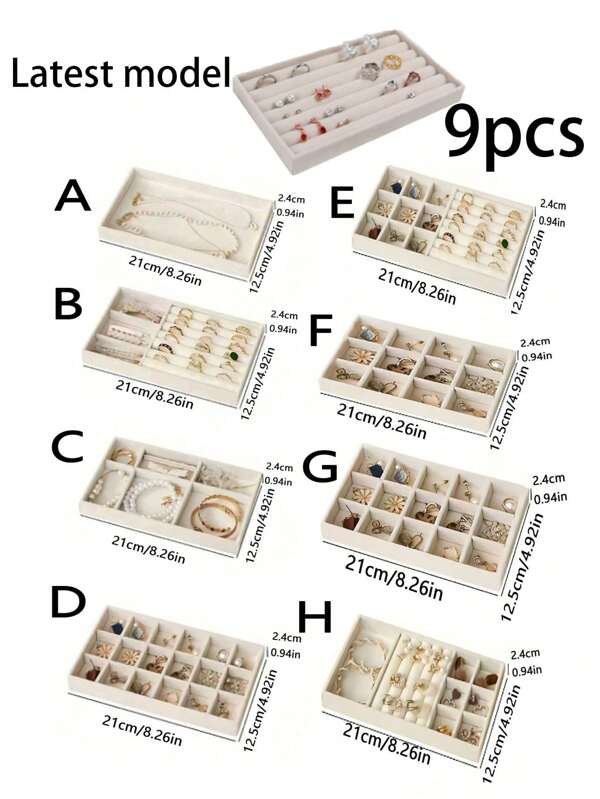 Set de 9 piezas de bandejas apilables para joyería, plato para joyería, caja de almacenamiento de escritorio, elegante estantería portátil para apilar joyería, apta para aretes, collares, anillos, pulseras, colgantes, labiales, perlas, broches, accesorio para dormitorio de regreso a clases