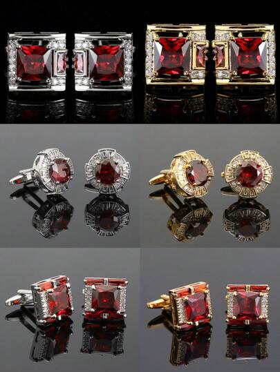 1 Pair Luxury Red Cubic Zirconia Gold Plated High Quality Square Crystal Cufflinks, Formal Dress Accessory For Men
