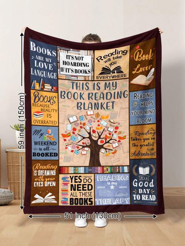 1pc Soft & Warm Plush Throw Blanket Featuring Book Shelf, Tree & "Today Is A Good Day To Read" Square Print, Suitable For School Dorm, Living Room, Sofa, Lounge Chair, Bedroom, Travel, Camping, Great Gift Idea