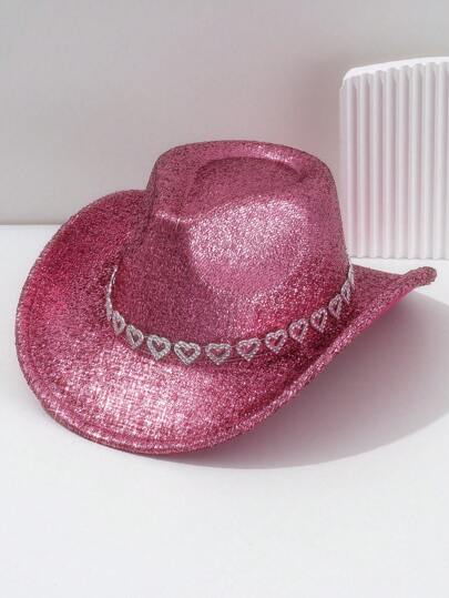 1pc Women's Unisex Solid Shiny Cowboy Hat, Hollow Heart Belt, Luxury Fashion Personalized, Street Goth Style, Hip-Hop Cyberpunk Style, Y2K Style, Versatile Fashionable Elegant, Bright Colors Full Of Vitality In Spring/Summer, Suitable For Work, Party, Music Festival Outfits