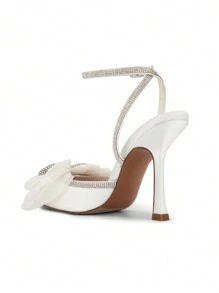 Women's Rhinestone Bow Ankle Strap Pointed Toe Pumps Elegant Wedding Party Prom Dress Stiletto Heels Shoes - trắng - Xem 8