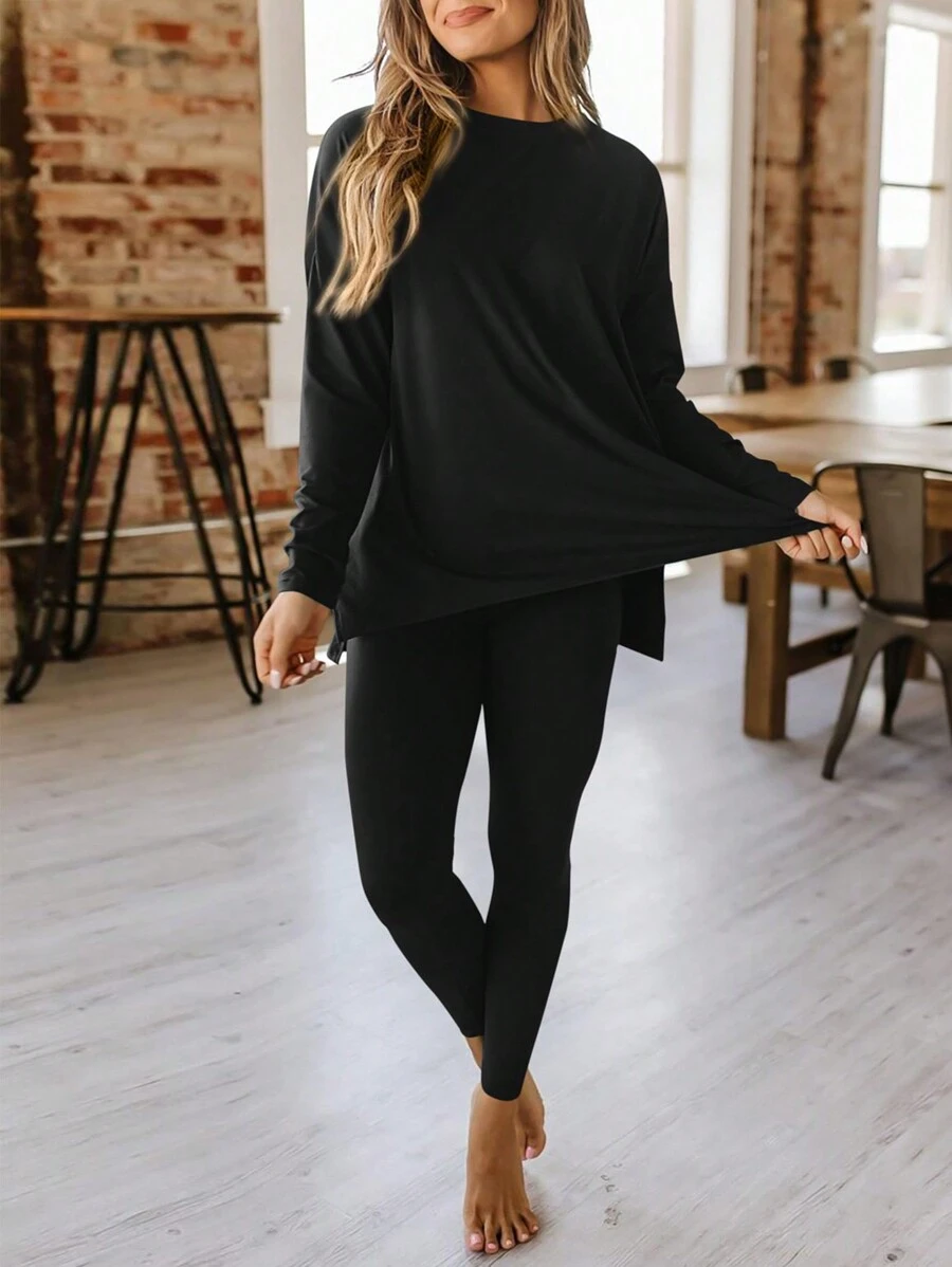 Women's Fall Two-Piece Casual Long-Sleeved Tunic Top And Leggings With Lounge Tracksuit - màu đen - Xem 1
