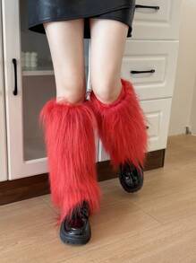女士毛绒腿套，柔软舒适的冬季长靴袖口护套，圣诞节 - 紅色 - 查看 6