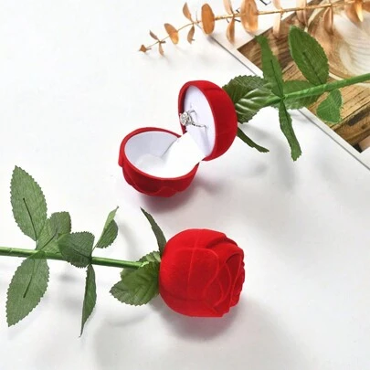 1 pieza/2 piezas Caja de anillo de compromiso de rosa roja, caja de joyería romántica de San Valentín con rosa artificial