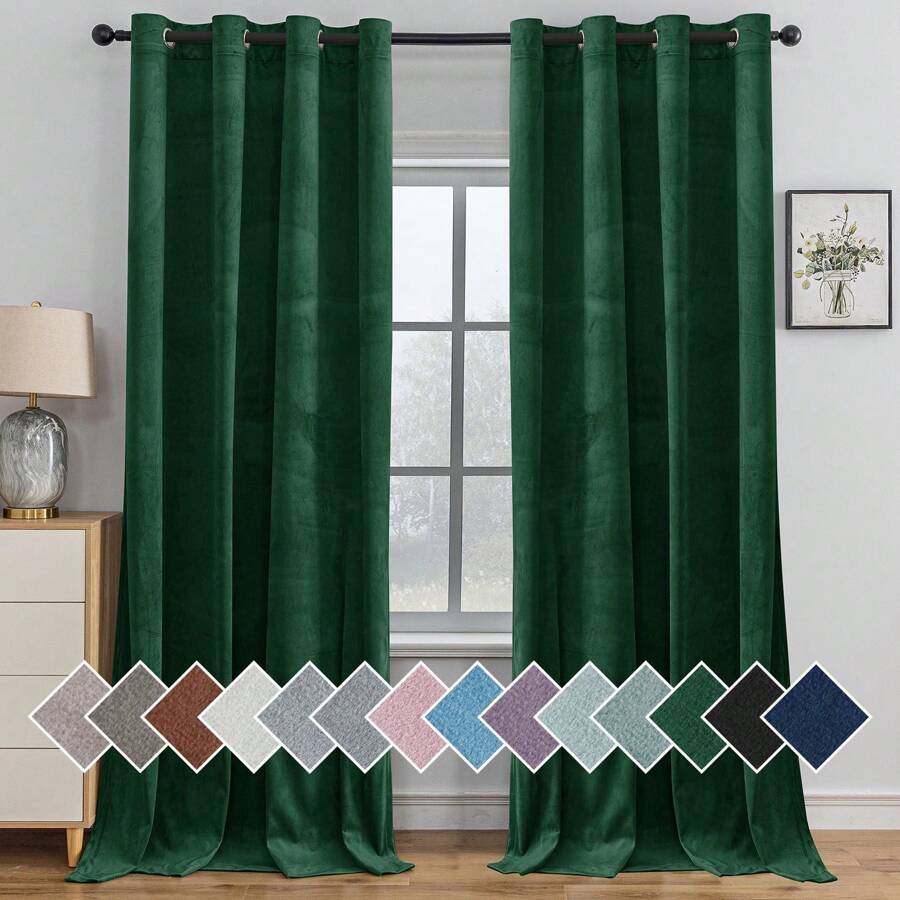 Ystyle 2 Piece Velvet Indoor Curtains, Modern Bedroom Blackout Curtains With Eyelets, Cold Insulating Thermal Curtain For Living Room Lounge Children's Room - Dark Green - View 1