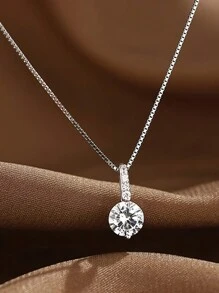 925 Sterling Silver Single Diamond Necklace For Women, Dainty Box Chain, Minimalist Sparkly Pendant Clavicle Chain, Gift