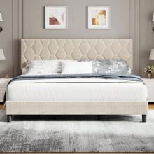 Twin/Full/Queen/King Bed Frame Upholstered Platform With Headboard And Strong Wooden Slats,Linen Fabric Upholstered Bed Frame With Adjustable Headboard,Non-Slip And Noise-Free,No Box Spring Needed - 米色 - 查看 1