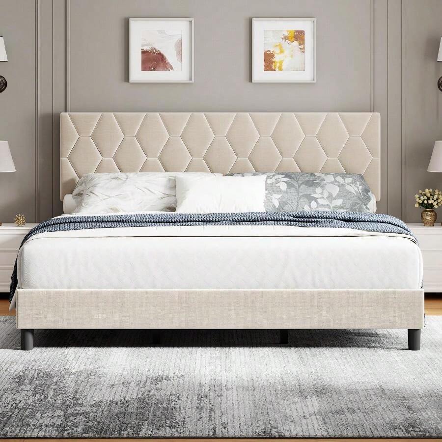 Twin/Full/Queen/King Bed Frame Upholstered Platform With Headboard And Strong Wooden Slats,Linen Fabric Upholstered Bed Frame With Adjustable Headboard,Non-Slip And Noise-Free,No Box Spring Needed - 米色 - 查看 1
