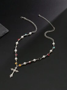 1pc Men's Vintage Punk Style Cross Pendant Necklace With Crystal Chain, Suitable For Gift - Multicolor - View 3