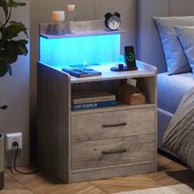 LED Nightstand With Charging Station, Night Stand With 2 Drawers And Open Storage, Bedside Table With LED Lights, Modern End Table With USB Ports Outlets - 灰色 - 查看 6