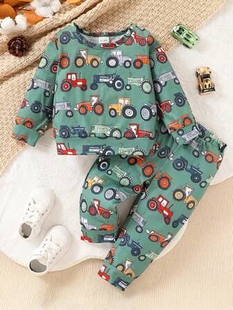 男婴卡通汽车印花长袖上衣和裤子套装