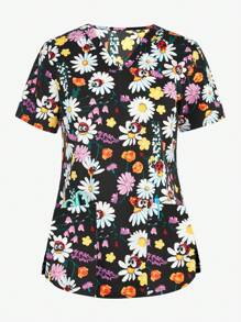 Woman Digital Print Stretchy Nursing Uniform Scrubs Washable Pocket Breathable Scrub Top