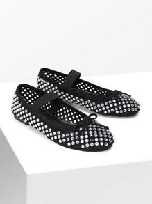 Women's Bow Knot Ballet Flat Mary Jane Round Toe Hot Diamond Hollow Out Upper Comfortable Fashionable All-Match Party Shine Dancing Flat Shoes - 黑色 - 查看 6