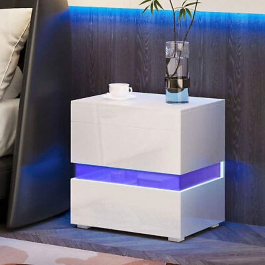 White High Gloss Nightstand Set Of 2 With LED Lights End Side Table