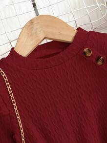 年轻女孩简约休闲卡其色针织 A 字裙，长袖，多场合，荷叶边饰边，柔软舒适，秋冬 - 酒紅色 - 查看 3