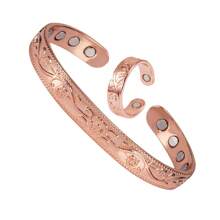 Juego de joyería magnética de cobre puro- Pulsera y anillo ajustables con flor brillante- Salud y energía, artritis, San Valentín, mamá, madre, regalo del Día de la Madre