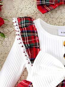 2pcs Baby Girl Bow-Knot Decor White Ribbed & Red Plaid Ruffled Bodysuit With Headband, Spring & Autumn - Red - View 5
