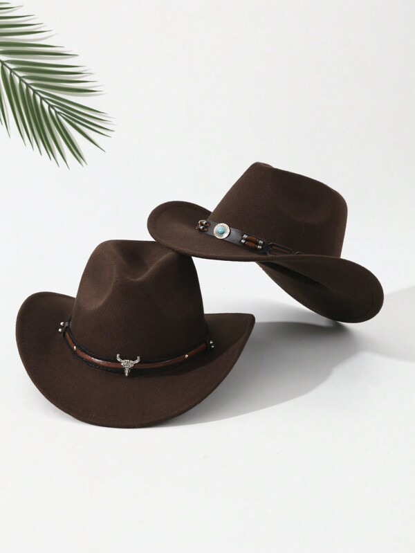 2 szt. Unisex haftowany pasek na głowę byka akcent boho kapelusze kowbojskie/kowbojki, miękki filcowy kapelusz typu fedora na co dzień, na zewnątrz i na imprezę, na cały sezon Halloween