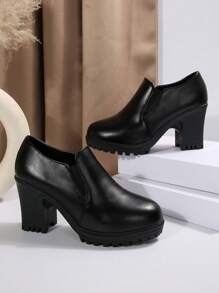 Women's Solid Color High Chunky Heel Short Boots, Black Non-Slip Casual Comfortable Short Boots,Wear With Black Dress
