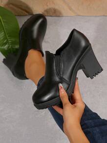 Women's Solid Color High Chunky Heel Short Boots, Black Non-Slip Casual Comfortable Short Boots,Wear With Black Dress